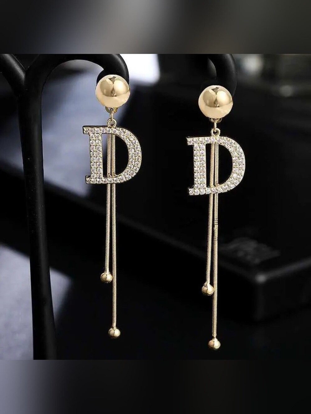 Designer-Inspired Crystal Tassel Letter D Earrings – Vintage Gold Tone Rhineston